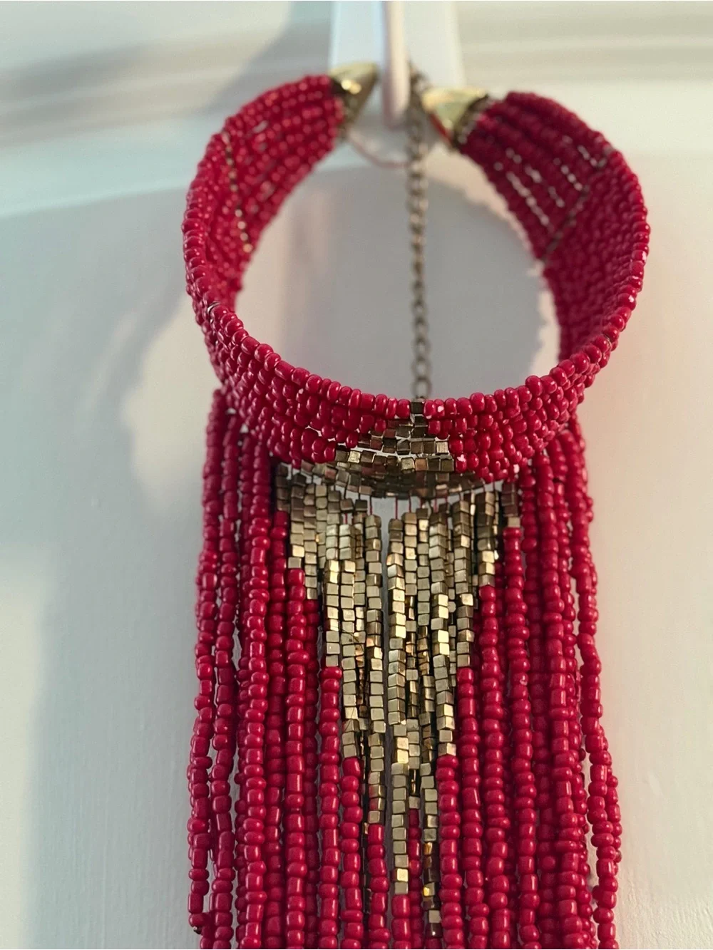 Beautiful Handmade Pink Beaded Fringe Statement Necklace - Designer Style